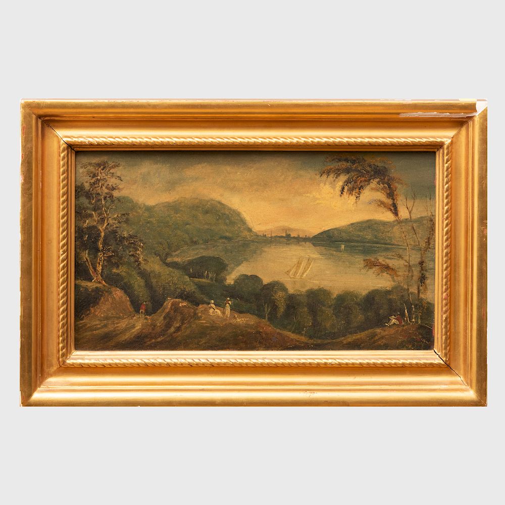 Appraisal: American School River View Oil on board indistinctly inscribed and