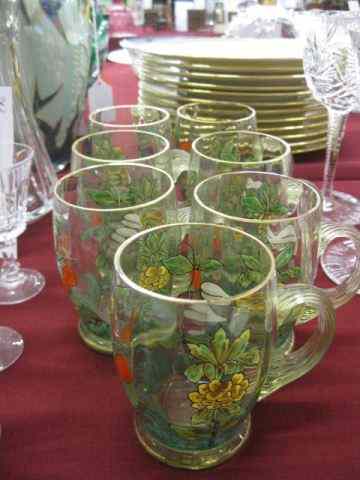 Appraisal: Enameled Art Glass Mugs berry and floral decor light emerald