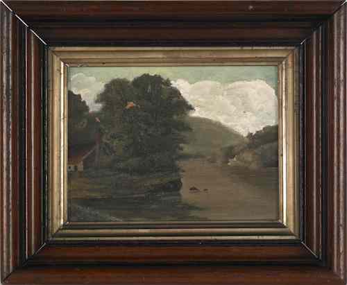 Appraisal: Oil on canvas landscape th c depicting a cabin x