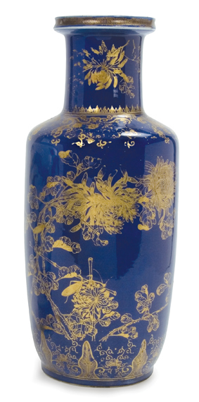 Appraisal: Chinese Gilt Decorated Blue Glazed Porcelain Rouleau Vase Estimate -