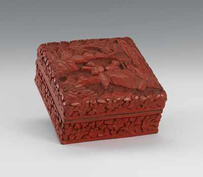 Appraisal: A Chinese Carved Cinnabar Square Box Cherry red cinnabar carved