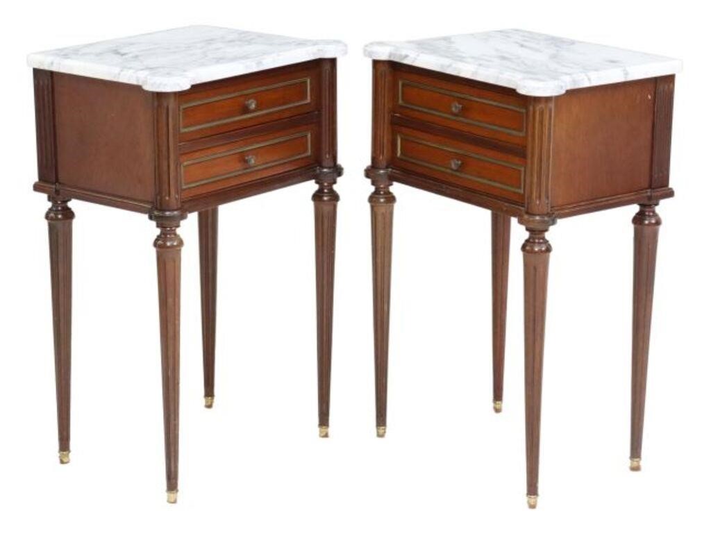 Appraisal: pair French Louis XVI style marble-top mahogany nightstands late th