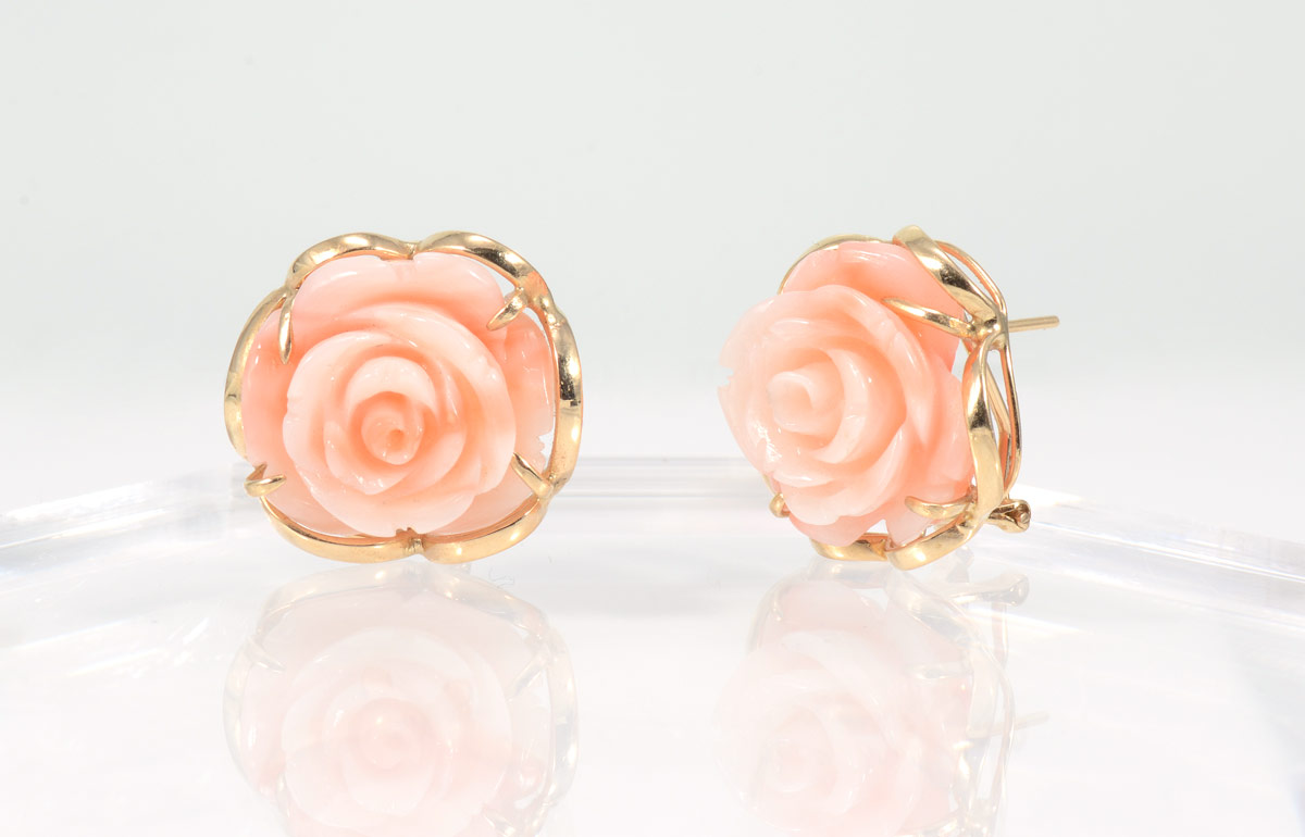 Appraisal: ROSE CARVED ANGELSKIN CORAL EARRINGS K yellow gold centering carved