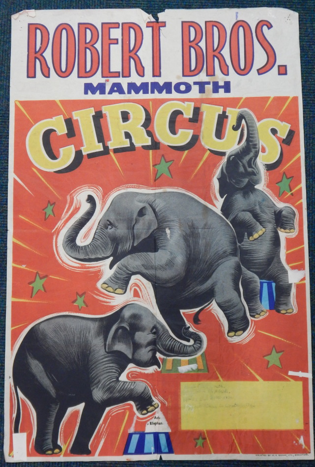 Appraisal: A Robert Brothers Mammoth Circus poster depicting elephants on coloured