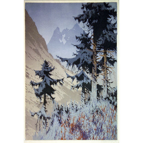 Appraisal: WOODBLOCK PRINT Color woodblock print of tall pines in a