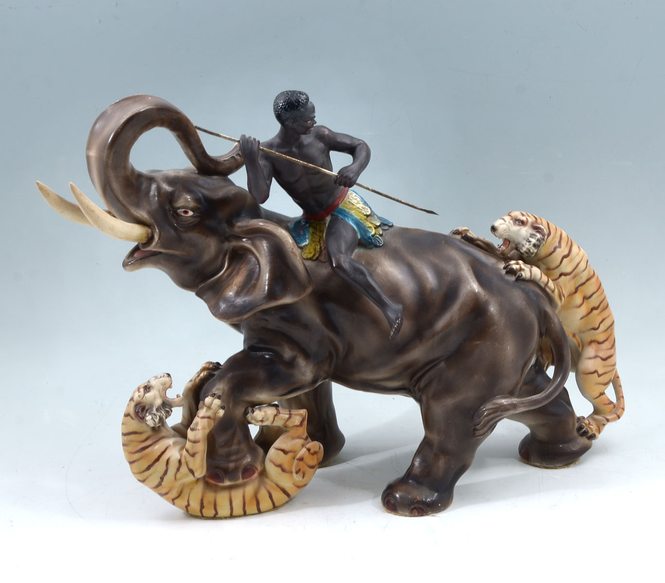 Appraisal: 'S JAPANESE SCULPTURE OF ELEPHANT AND TIGERS Large Japanese porcelain