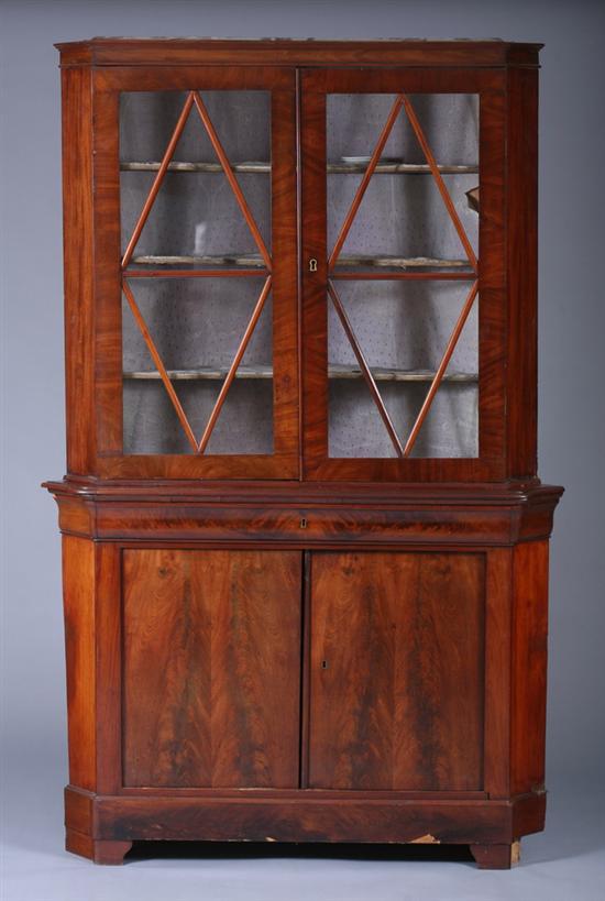 Appraisal: FRENCH EMPIRE MAHOGANY CORNER CABINET th century In two parts