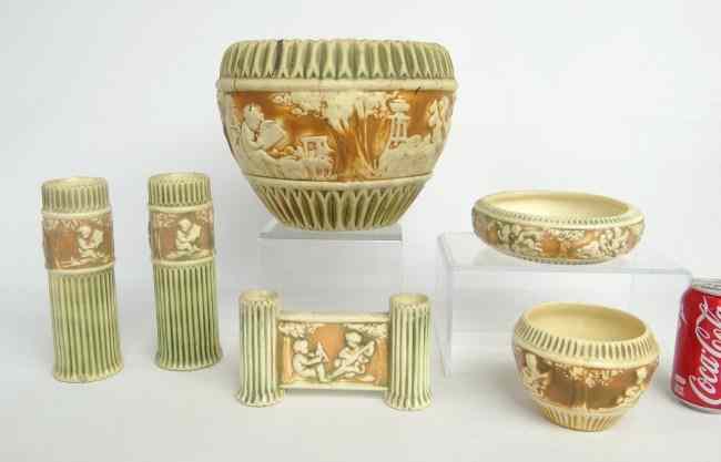 Appraisal: Donatello pattern Roseville including '' bowl double vase as found