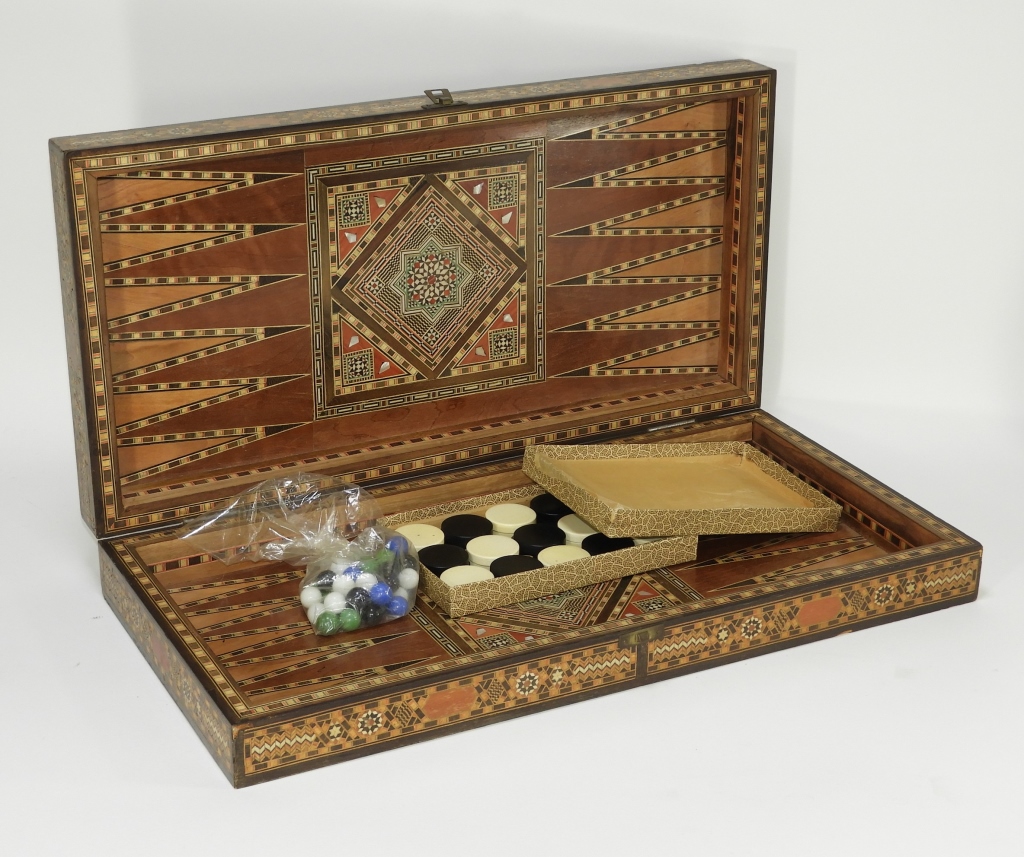 Appraisal: ANGLO-INDIAN INLAID CHESS CHECKERS BACKGAMMON GAME India th CenturyMultifarious wood