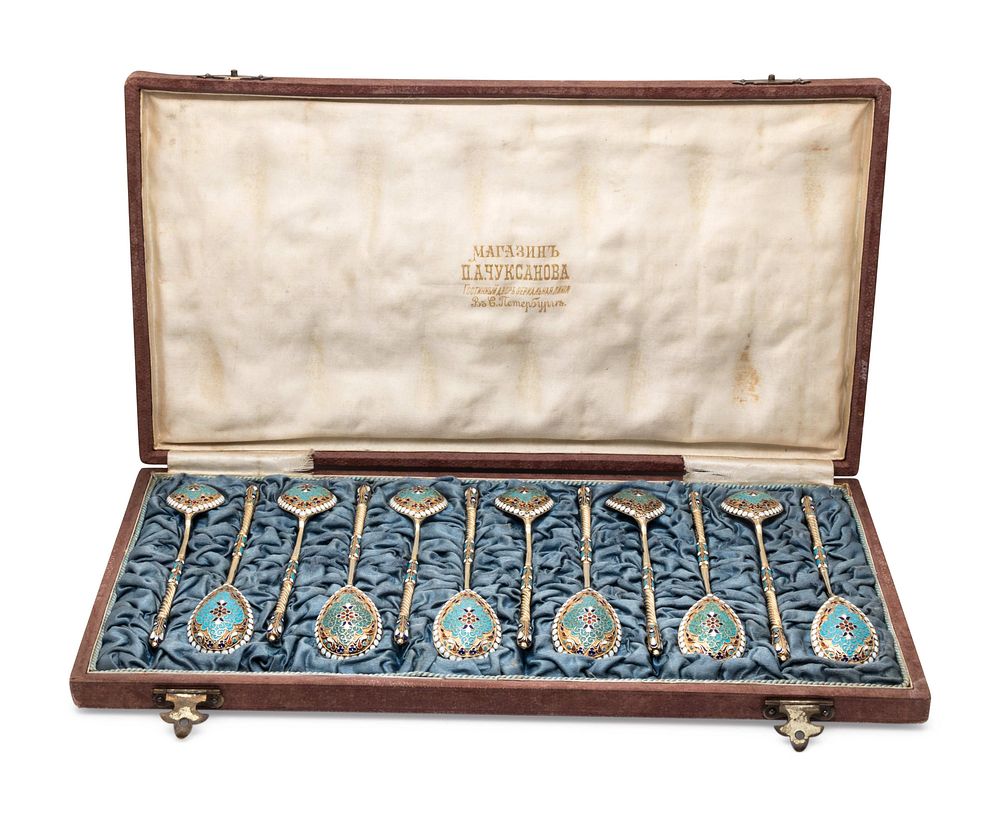 Appraisal: A Set of Twelve Russian Silver-Gilt and Enamel Teaspoons A