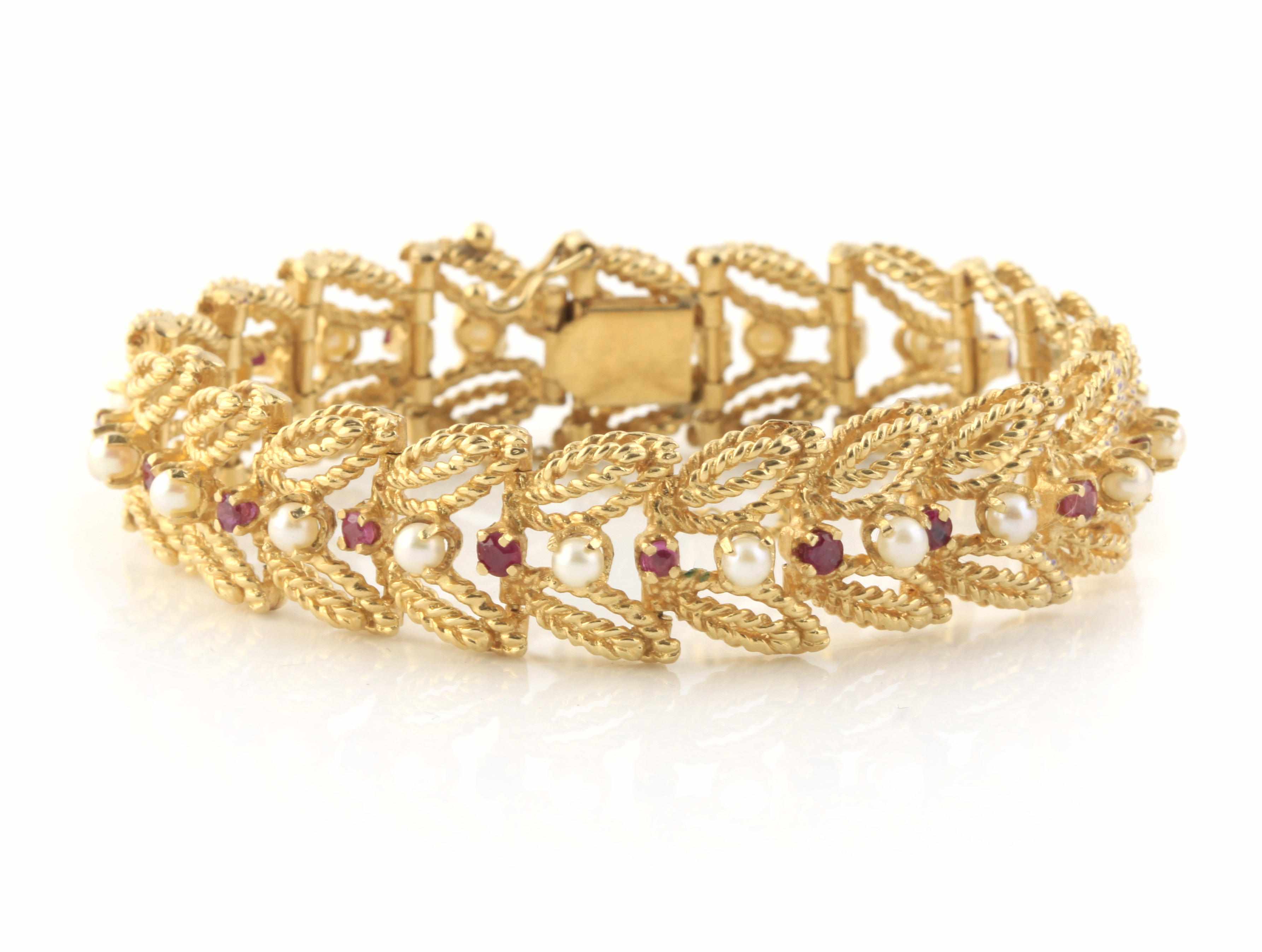 Appraisal: A ruby cultured pearl and k gold bracelet length in