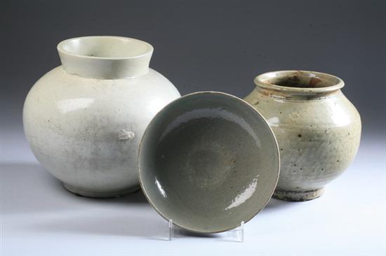 Appraisal: KOREAN WHITE STONEWARE JAR Together with celadon jar and shallow