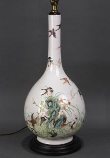 Appraisal: Chinese Porcelain Vase Lamp Ducks Chinese enameled porcelain vase mounted