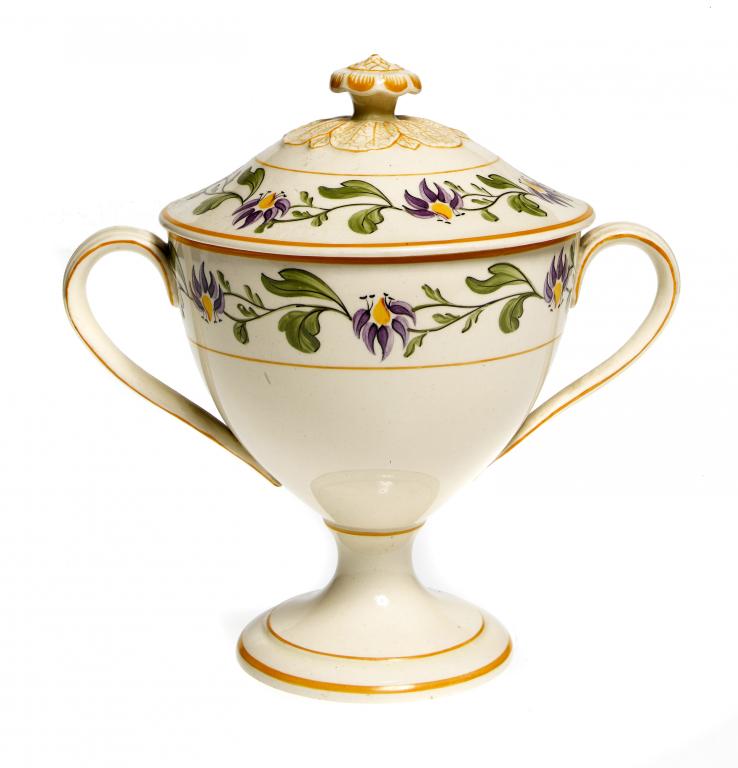 Appraisal: A WEDGWOOD QUEENSWARE TWO HANDLED CUP AND COVER attractively painted