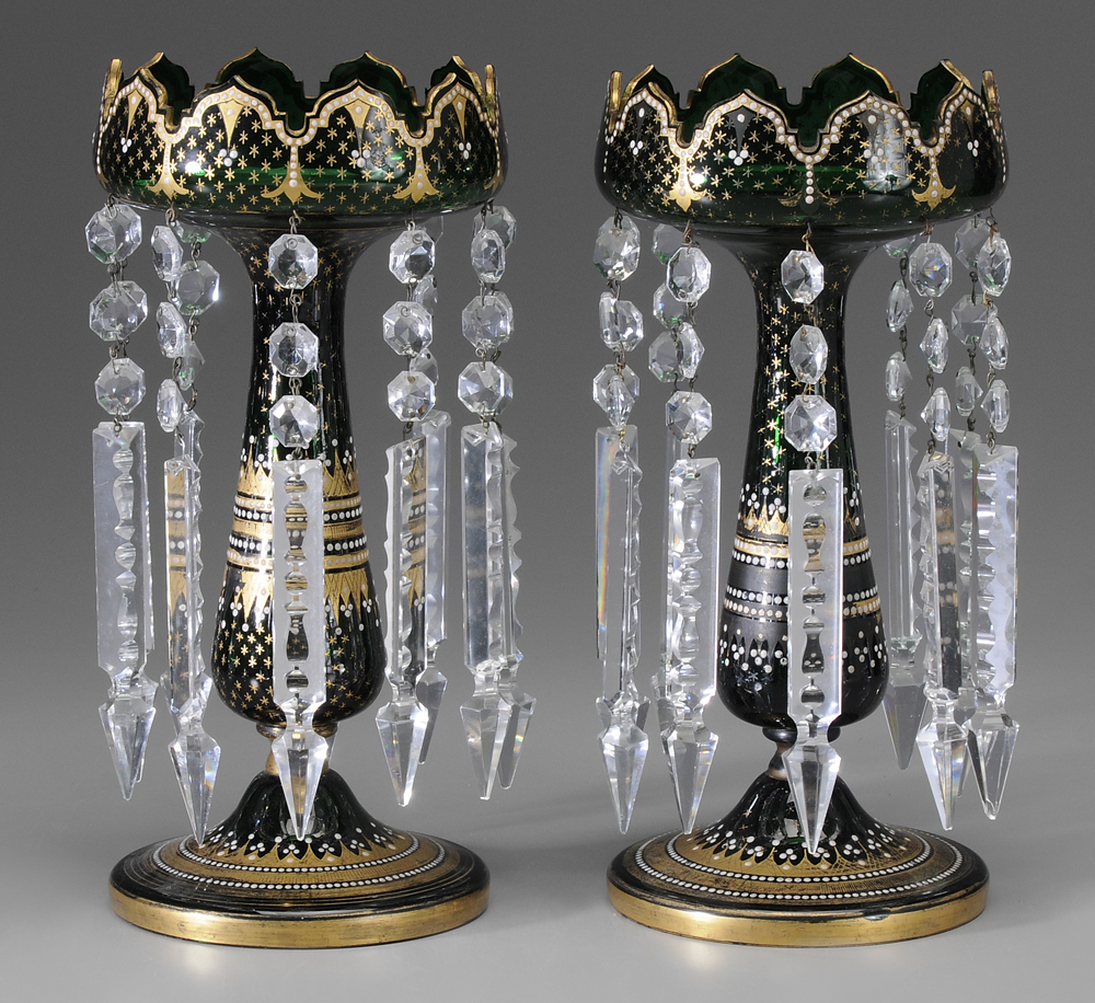 Appraisal: Pair Green Glass Gilt Lusters arabesque style with extensive white-enameled