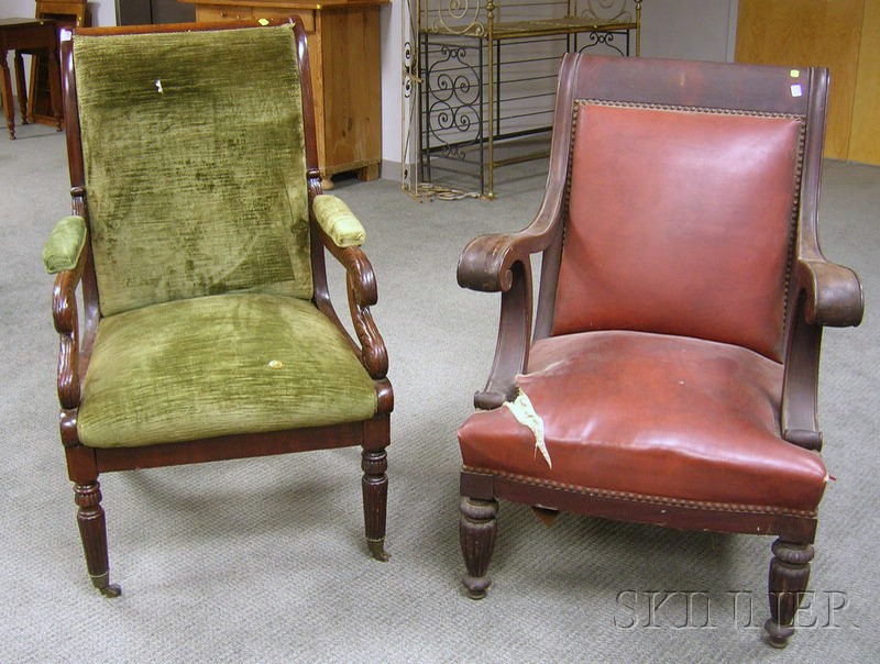 Appraisal: Two Late Classical Upholstered Carved Mahogany Armchairs