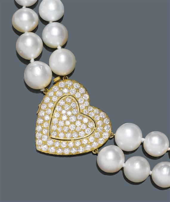 Appraisal: PEARL AND DIAMOND NECKLACE Yellow gold Fancy two-row necklace of