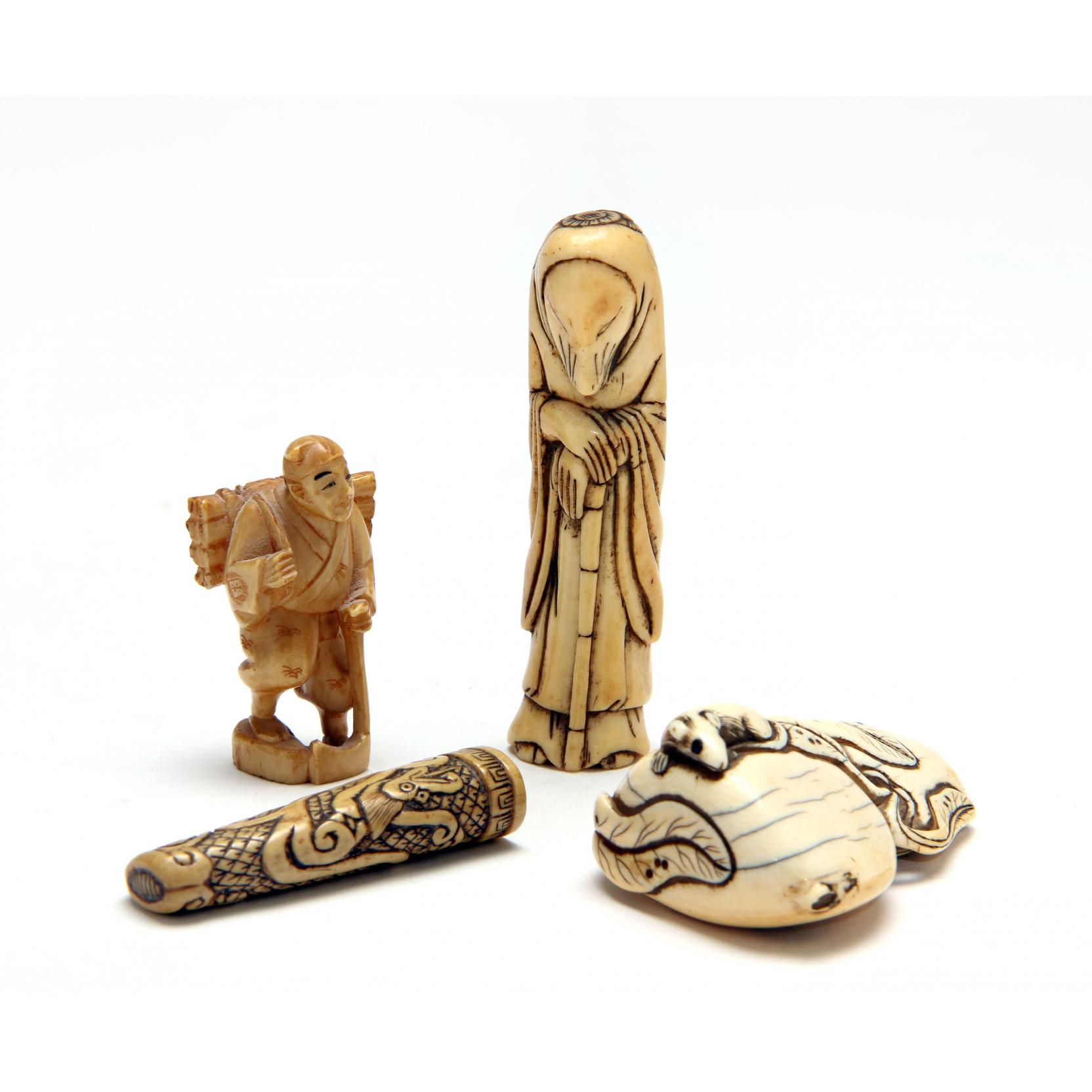 Appraisal: Three Japanese Ivory Netsukes and a Small Okimono the tallest