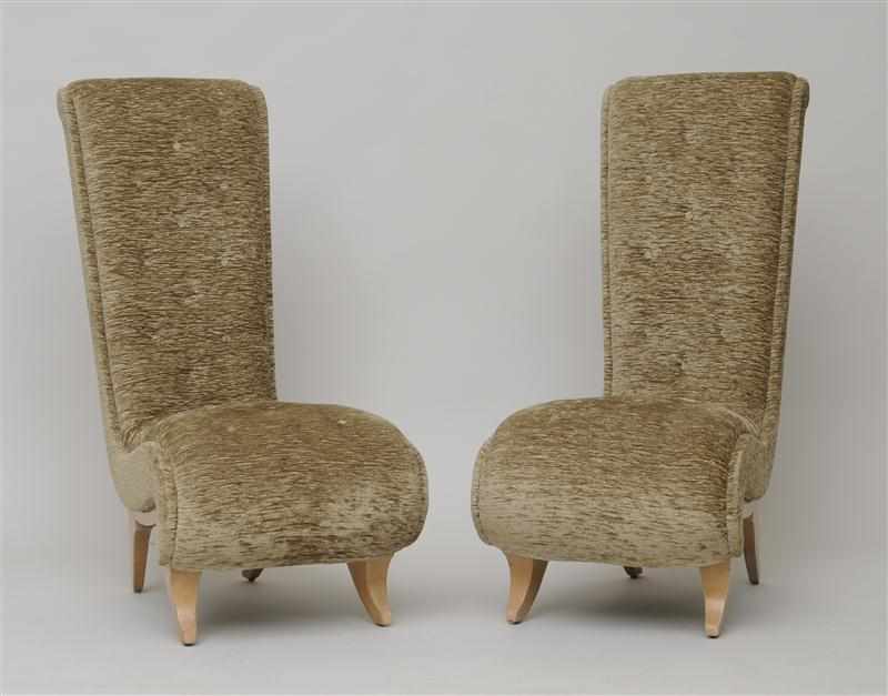 Appraisal: PAIR OF BLEACHED FRUITWOOD AND UPHOLSTERED SLIPPER CHAIRS IN THE