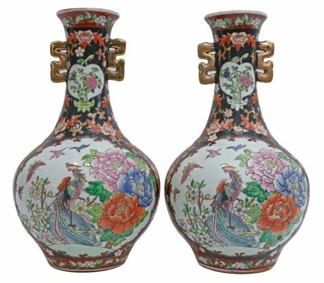 Appraisal: pair Chinese famille noir enameled porcelain vases each having flared