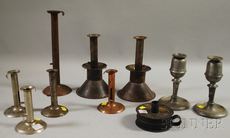 Appraisal: Ten Assorted Early Iron Pewter and Copper Lighting Items two