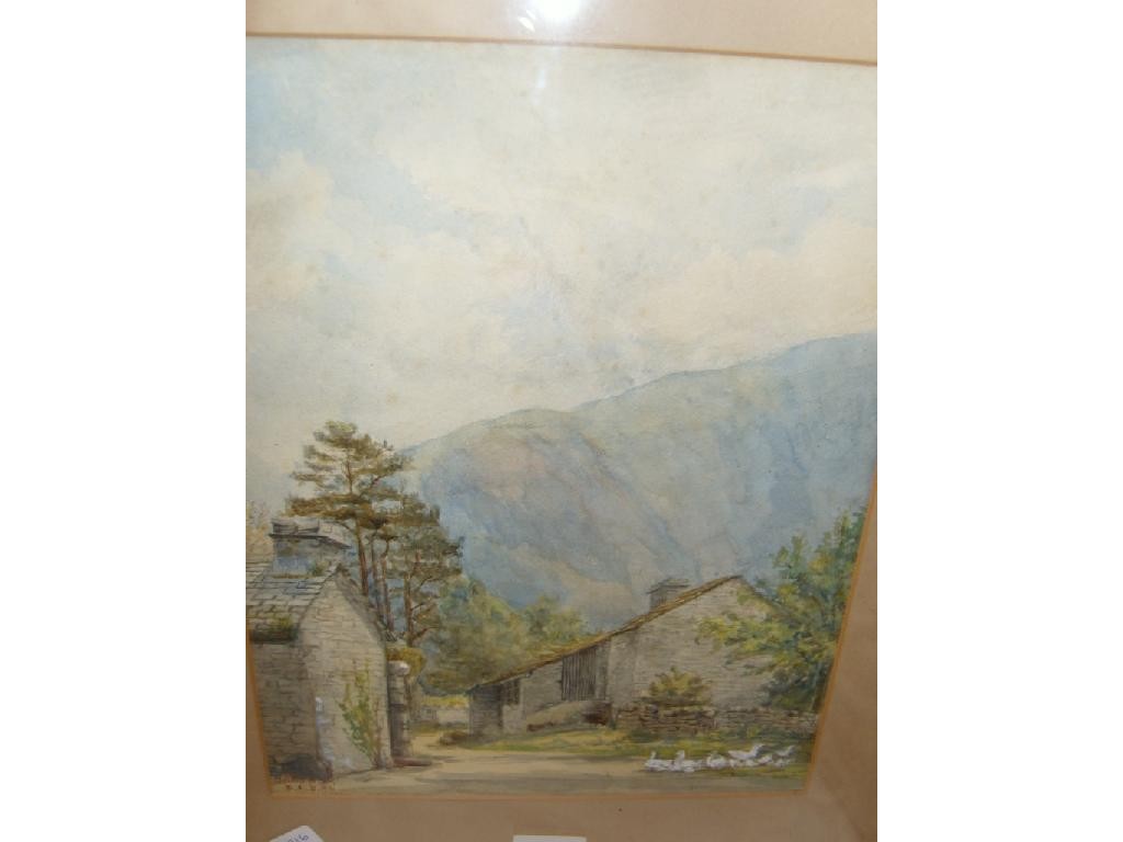 Appraisal: A watercolour of a mountainous landscape with farm buildings geese