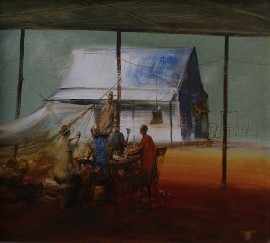 Appraisal: Hugh Sawrey - The Game West QLD oil on canvas