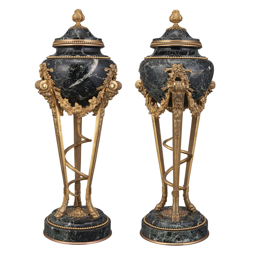 Appraisal: Pair of Louis XVI Style Gilt-Bronze and Green Marble Garniture