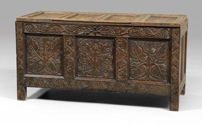 Appraisal: th century oak lift-top chest frame-and-panel construction carved front paneled