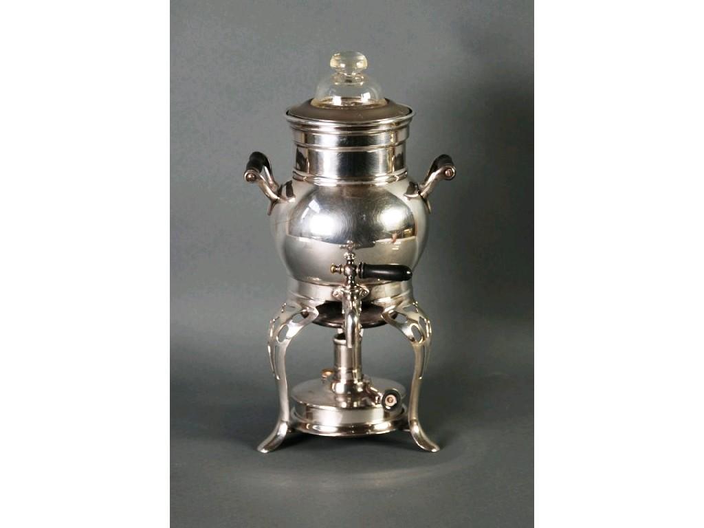 Appraisal: ELECTROPLATED COFFEE PECULATOR with spirit heater base and tap the