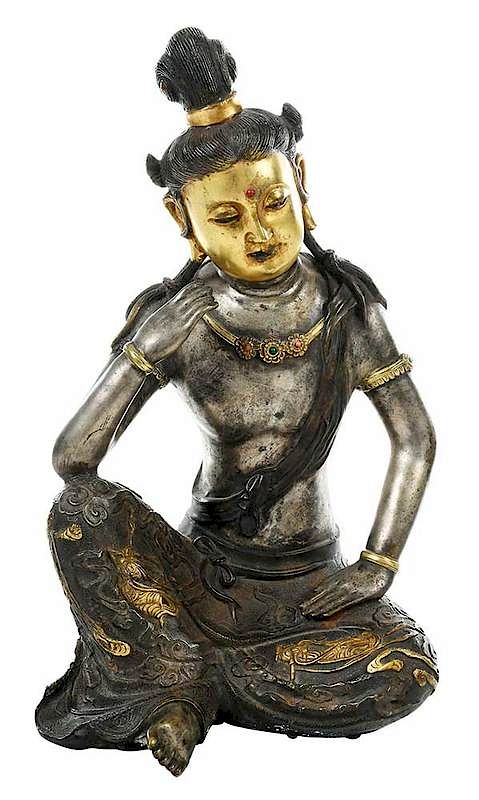 Appraisal: Gilt and Silvered Bronze Seated Quanyin figure with silvered body