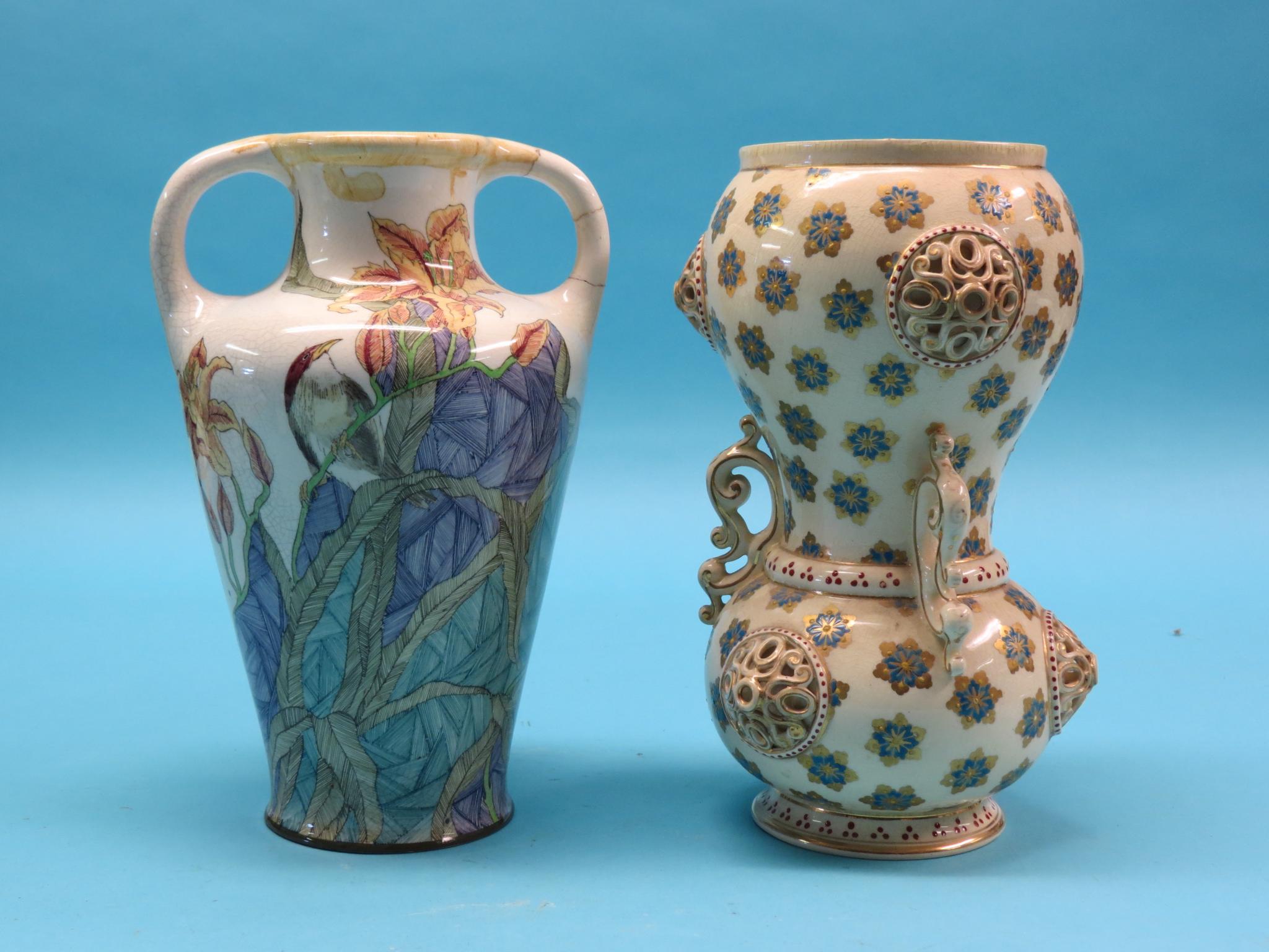 Appraisal: A Fischer Budapest earthenware double-gourd vase three-handled with pierced scroll