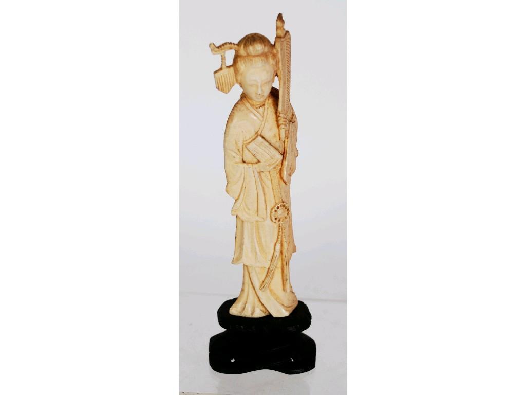 Appraisal: JAPANESE CARVED ONE PIECE IVORY FIGURE of a geisha holding