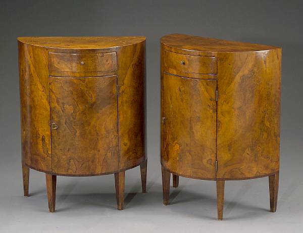 Appraisal: A pair of Italian Neoclassical burl walnut demilune commodini late