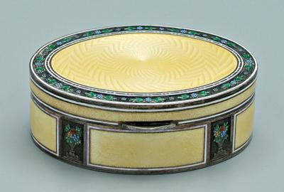 Appraisal: Enameled silver box oval gilt silver with yellow enamel floral