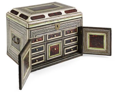 Appraisal: INDO-PORTUGUESE TORTOISE SHELL IVORY AND ROSEWOOD TABLE CABINET EARLY TH