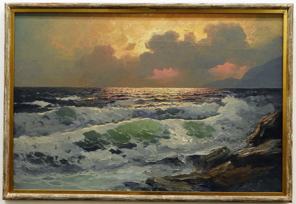 Appraisal: A Dzigurski Illuminated Sunset Seascape Painting California - Shimmering waves