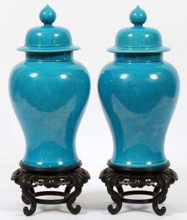 Appraisal: GLAZED TURQUOISE PORCELAIN COVERED JARS PAIR GLAZED TURQUOISE PORCELAIN COVERED