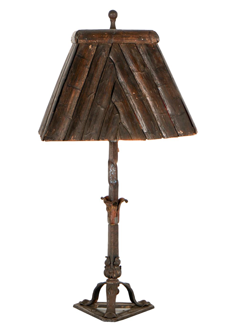 Appraisal: IRON CANDLESTICK LAMPwith rustic square wooden shade Condition tears and