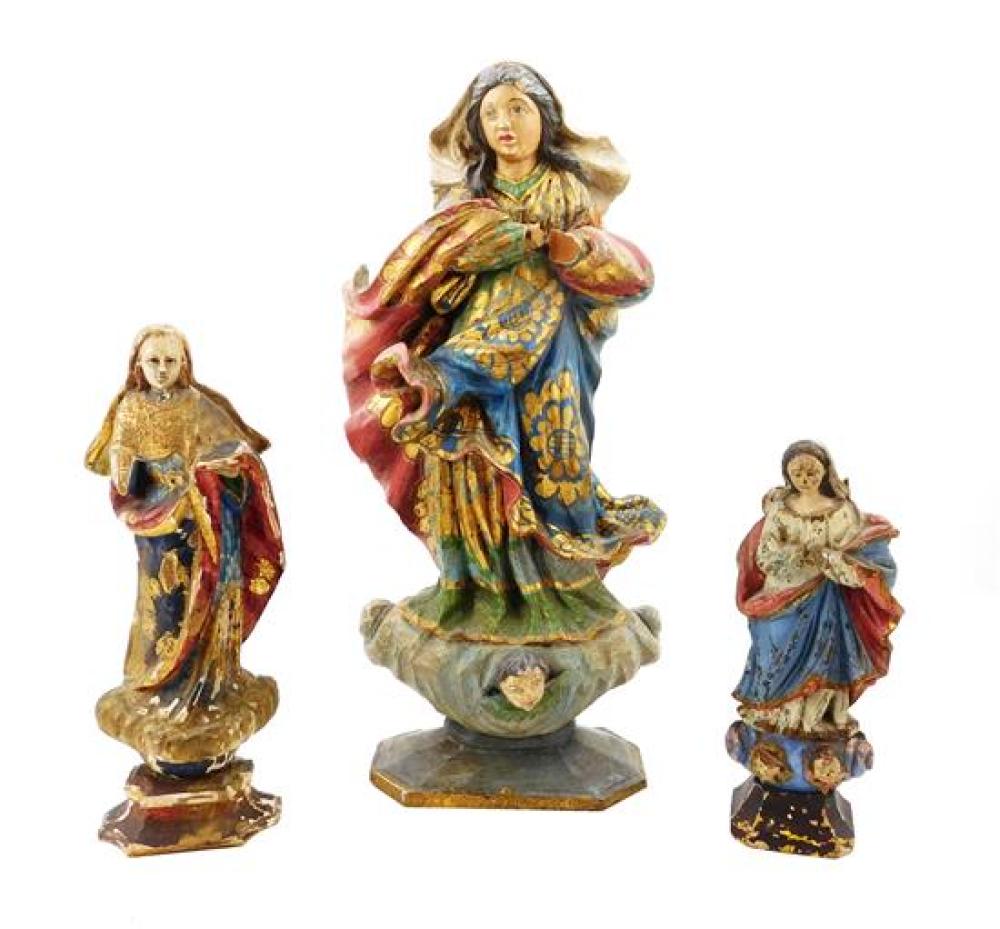 Appraisal: Three carved wood Mary Santos on pedestals with polychrome paint