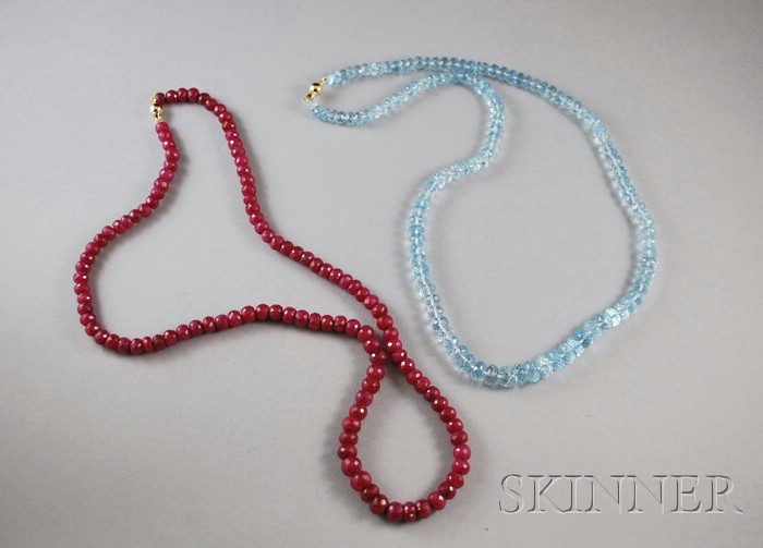 Appraisal: Ruby and Aquamarine Bead Necklaces each with kt gold clasp