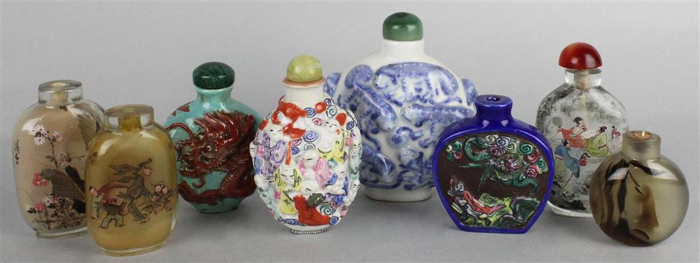 Appraisal: EIGHT CHINESE SNUFF BOTTLES including one agate bottle four molded