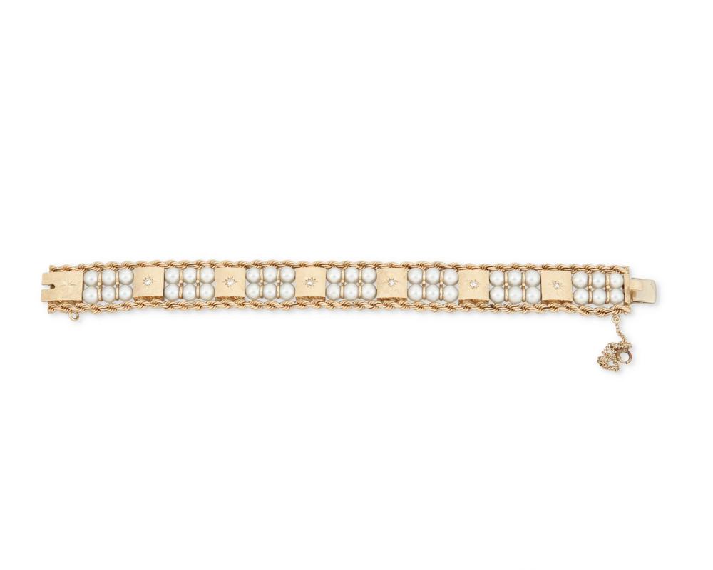 Appraisal: A CULTURED PEARL AND DIAMOND BRACELETA cultured pearl and diamond