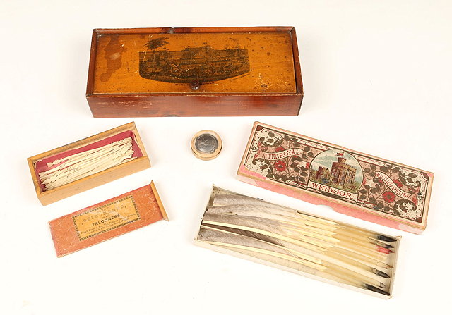 Appraisal: A WOODEN PIN BOX decorated Crystal Palace containing a set