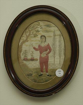 Appraisal: Gentleman in Red Suit Silk Embroidery in Oval Frame