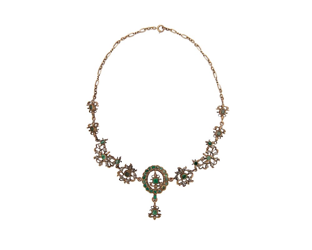 Appraisal: K Gold Silver Emerald and Diamond Necklace K Gold Silver