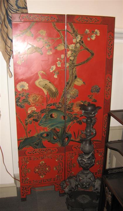 Appraisal: Chinese red lacquer four panel floor screenTall rectangular panels well