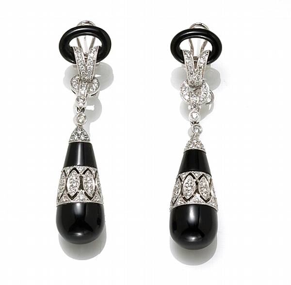 Appraisal: A pair of diamond black onyx and k white gold