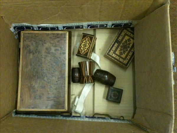 Appraisal: Six miniature Tunbridge ware boxes and a burr walnut box