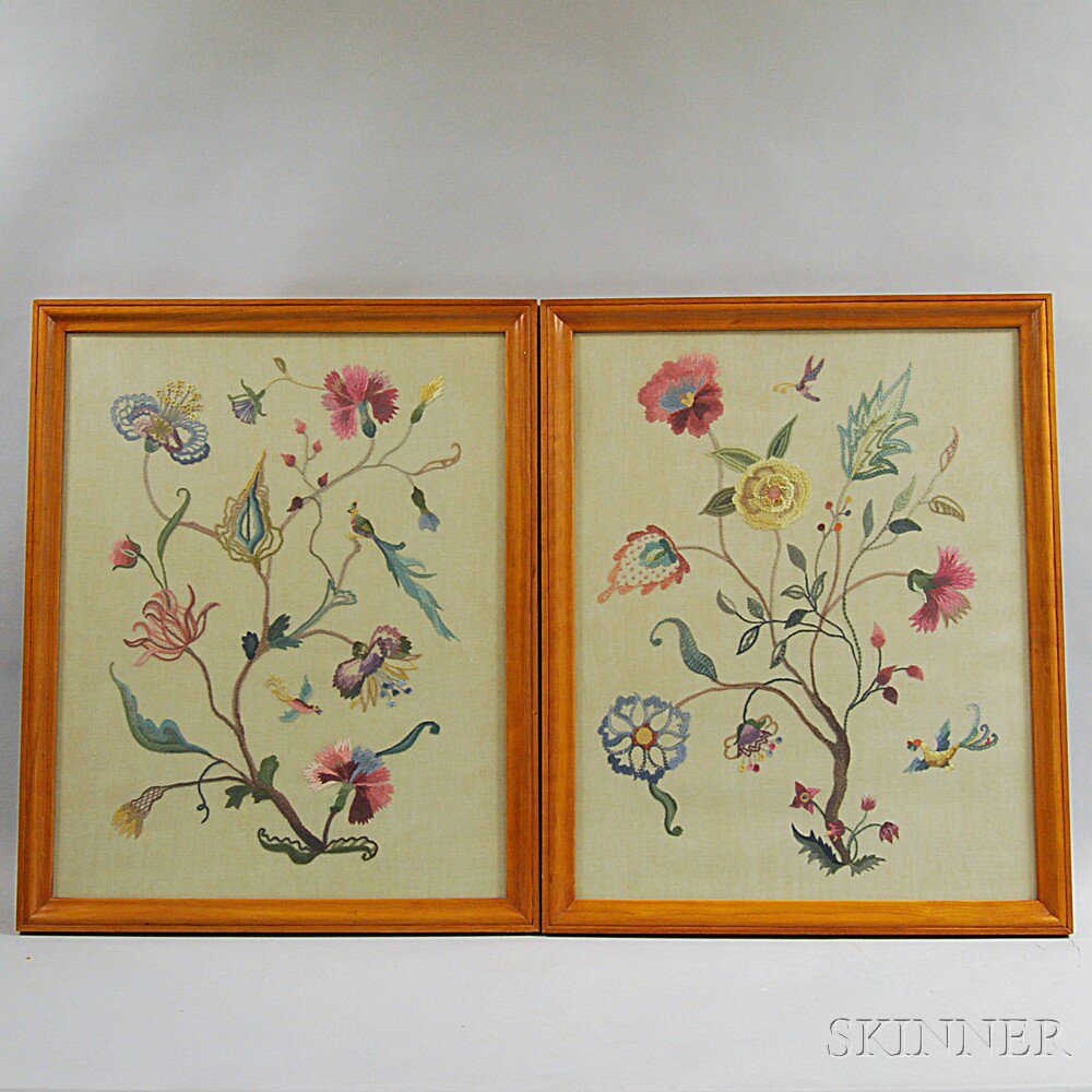 Appraisal: Two Framed Crewelwork Items th th century each depicting stylized